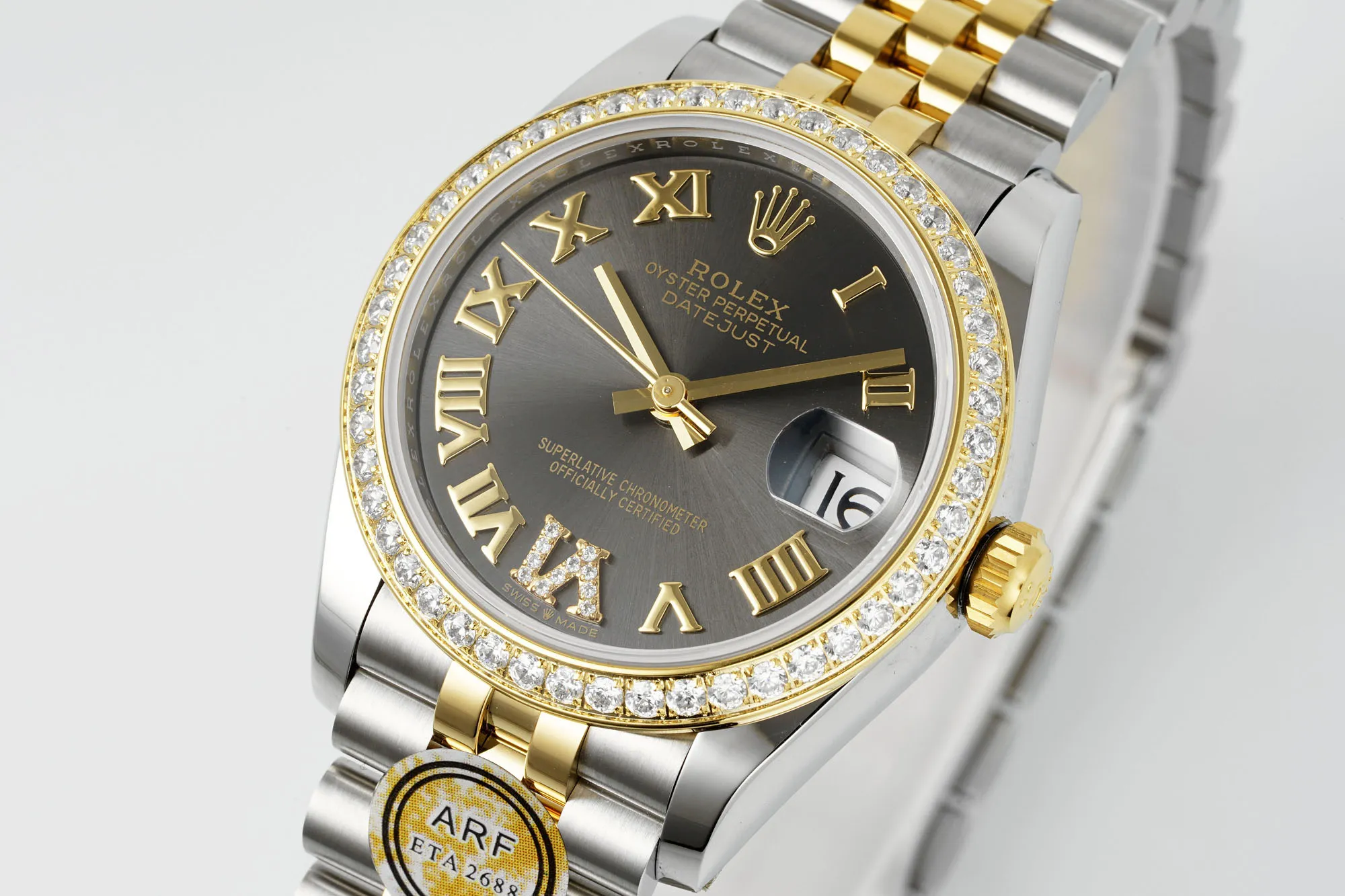 ModernLook AR Factory Rolex Lady-Datejust 31mm Slate Grey Roman Numeral Dial Diamond Bezel Two-Tone Steel and Yellow Gold Jubilee Bracelet Watch 4905