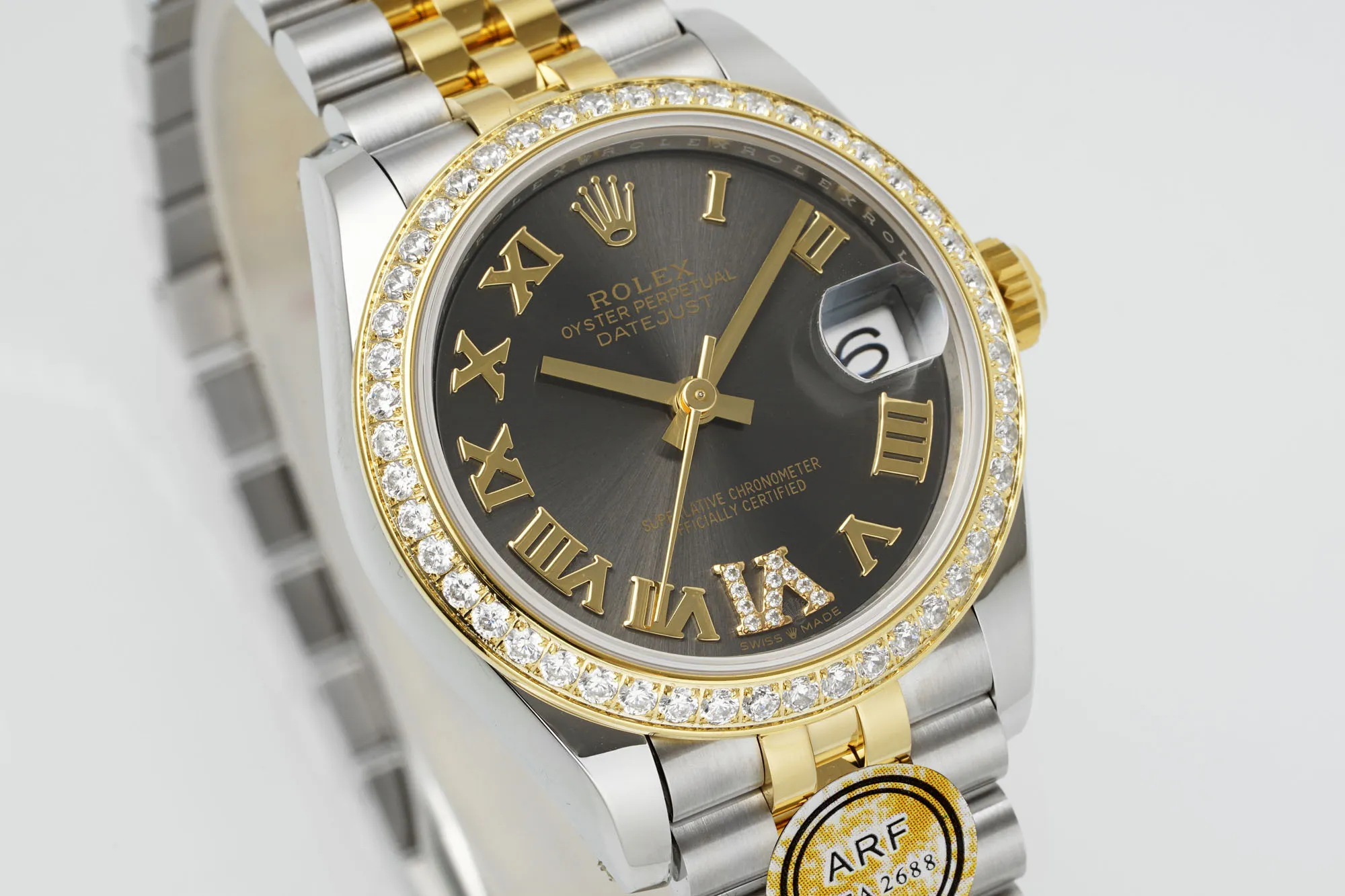 ModernLook AR Factory Rolex Lady-Datejust 31mm Slate Grey Roman Numeral Dial Diamond Bezel Two-Tone Steel and Yellow Gold Jubilee Bracelet Watch 4905