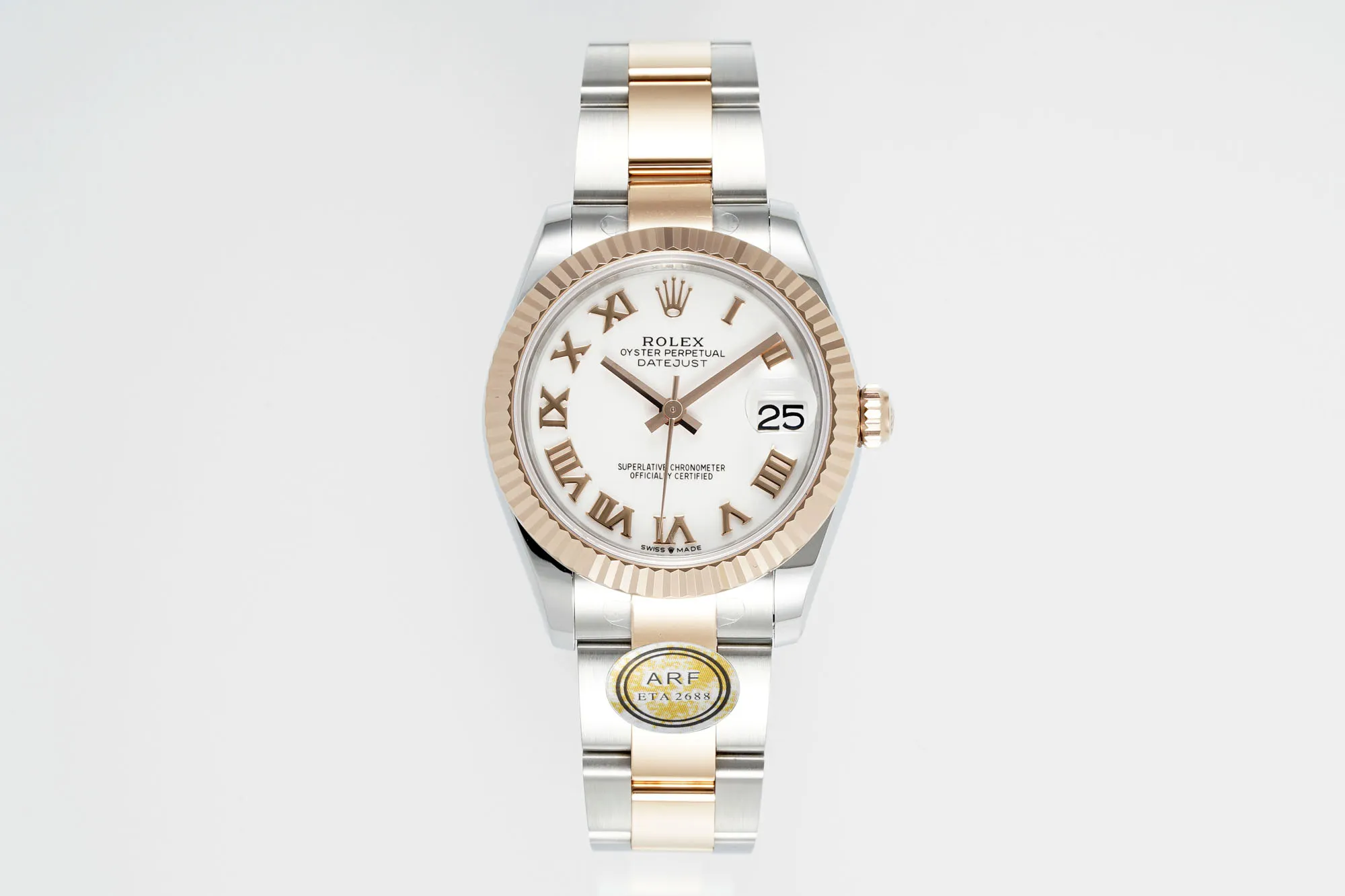 TechFriendly AR Factory Rolex Datejust 31mm White Roman Numeral Dial Two-Tone Stainless Steel and Rose Gold Oyster Bracelet Women’s Watch 203