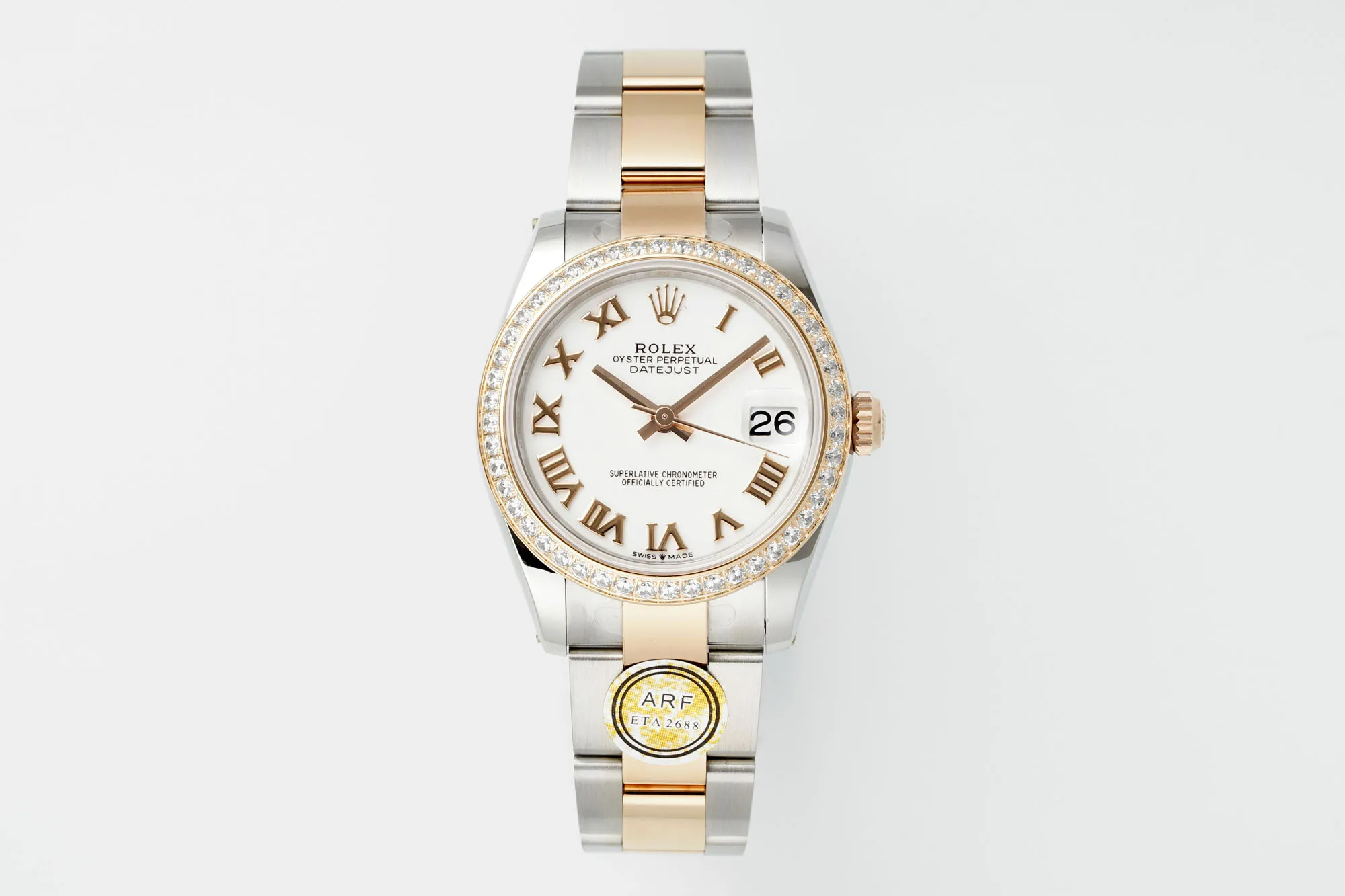 Original AR Factory Rolex Datejust 31mm White Dial Roman Numerals Diamond Bezel Two-Tone Steel and Rose Gold Oyster Bracelet Women’s Watch 4981