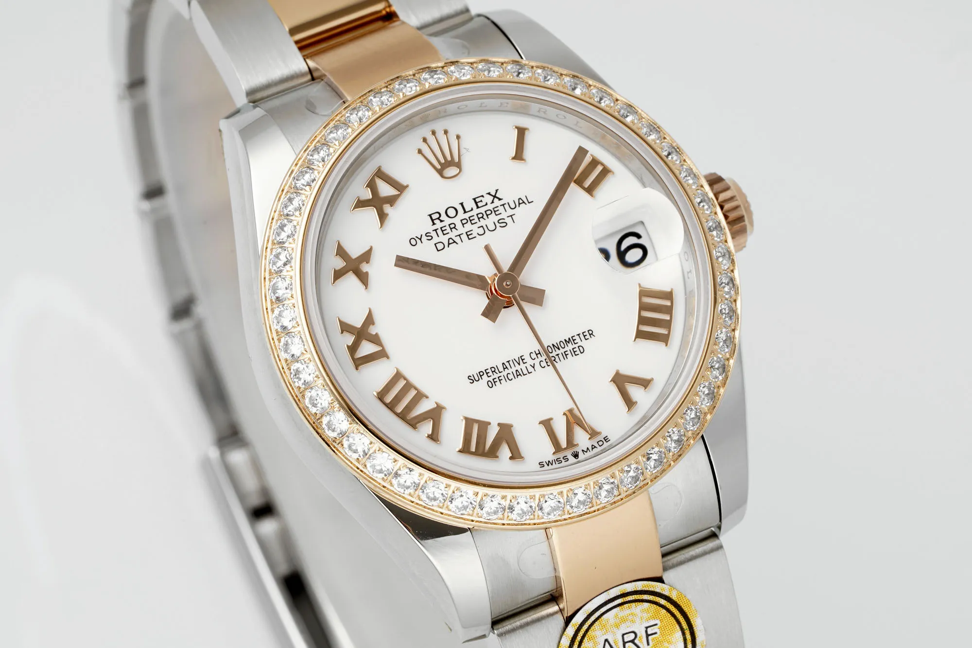 Original AR Factory Rolex Datejust 31mm White Dial Roman Numerals Diamond Bezel Two-Tone Steel and Rose Gold Oyster Bracelet Women’s Watch 4981