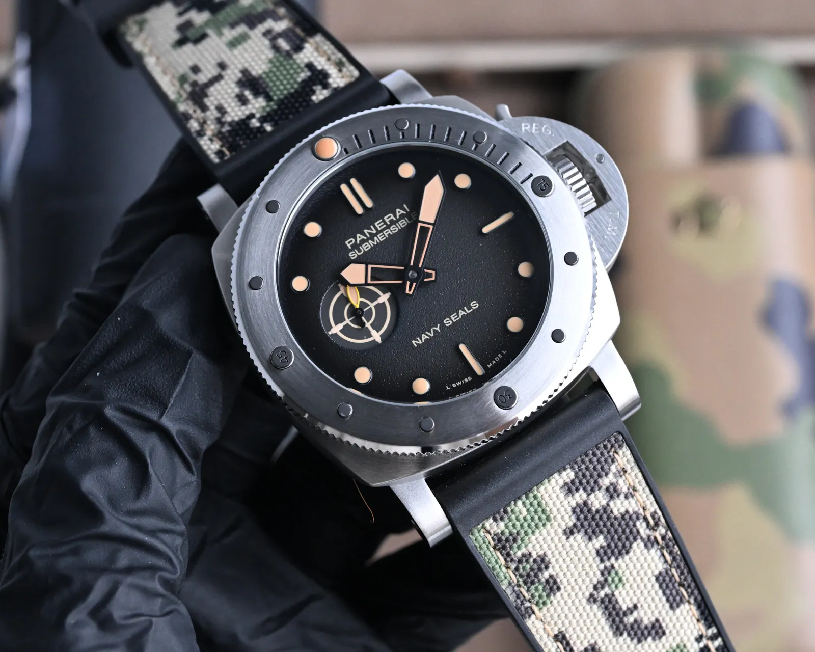 SportInspired Panerai Submersible Navy Seals Black Dial Camo Rubber Strap Titanium Dive Watch 818