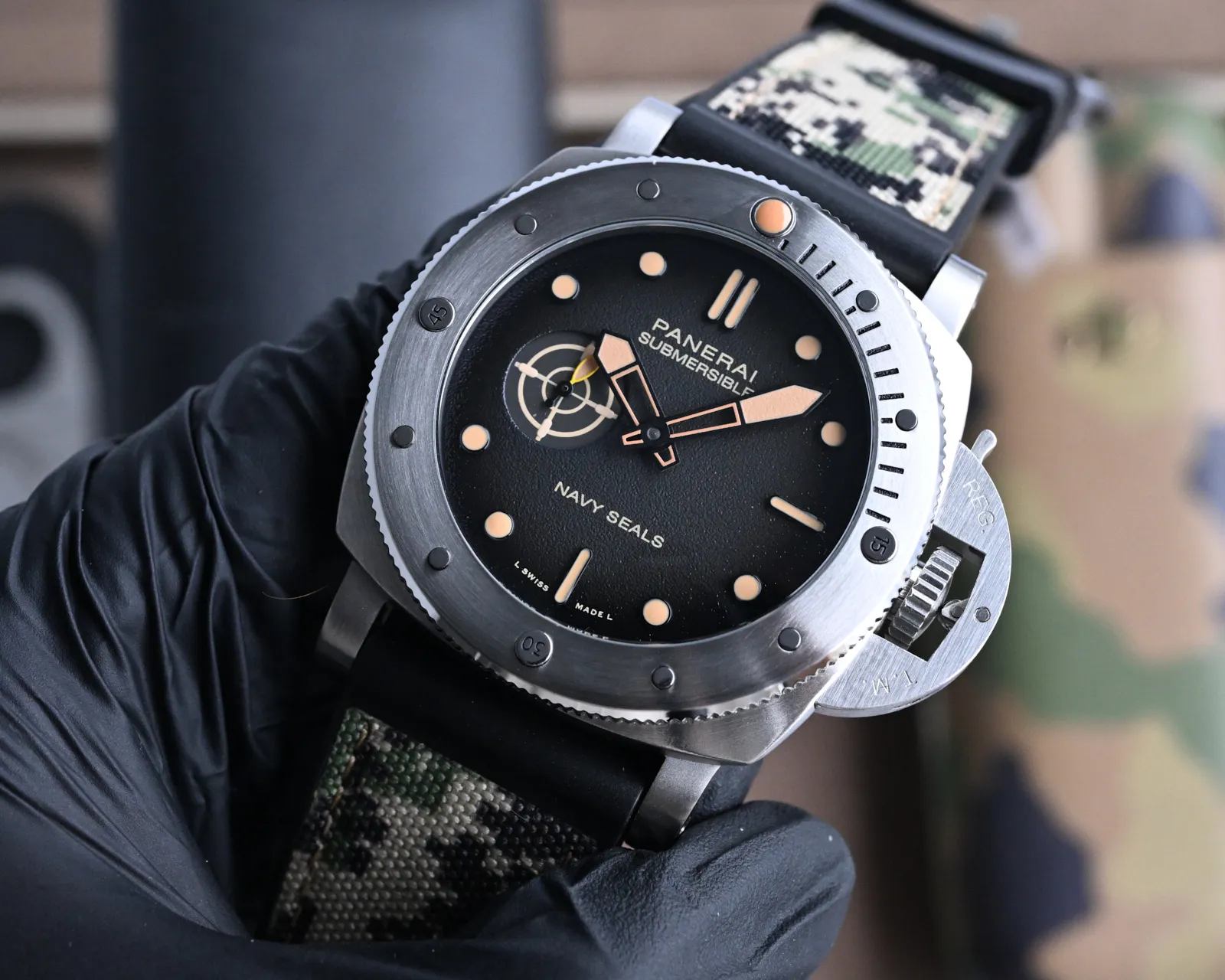 SportInspired Panerai Submersible Navy Seals Black Dial Camo Rubber Strap Titanium Dive Watch 818