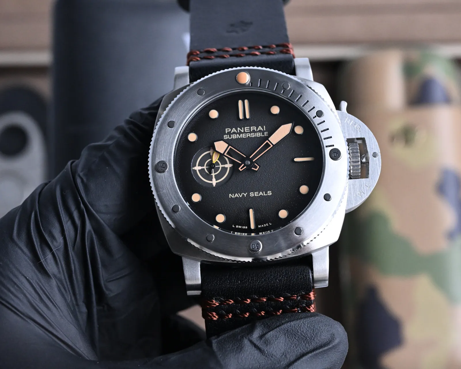 SportInspired Panerai Submersible Navy Seals Black Dial Camo Rubber Strap Titanium Dive Watch 818