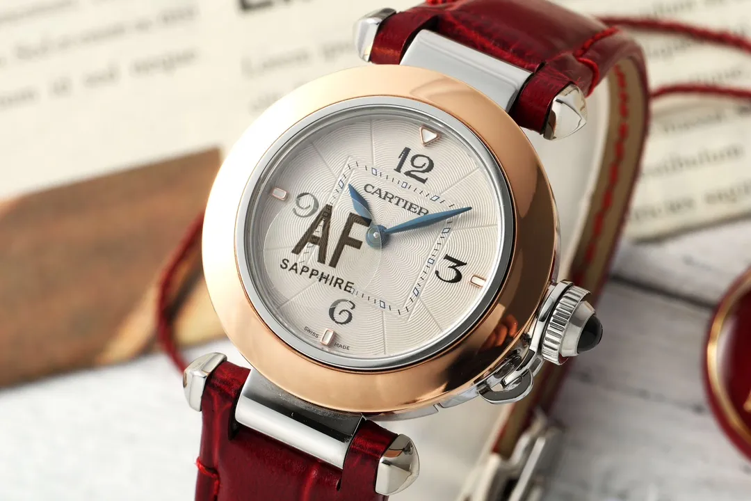 SoftTouch Cartier Pasha de Cartier Rose Gold Automatic Watch with Red Leather Strap and White Dial 2819