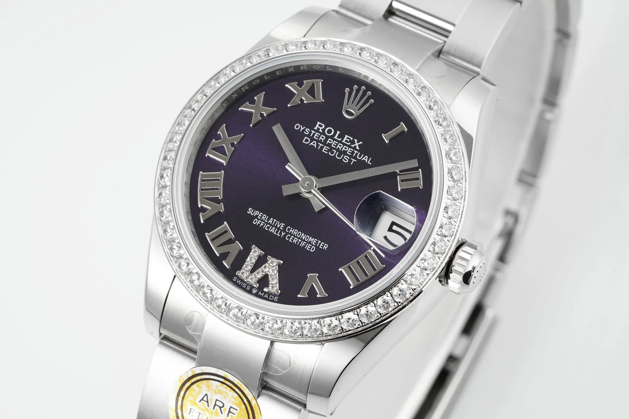 AR Factory Rolex Datejust 31mm Purple Roman Dial Diamond-Set Bezel Stainless Steel Oyster Bracelet Ladies Watch Breathable 254