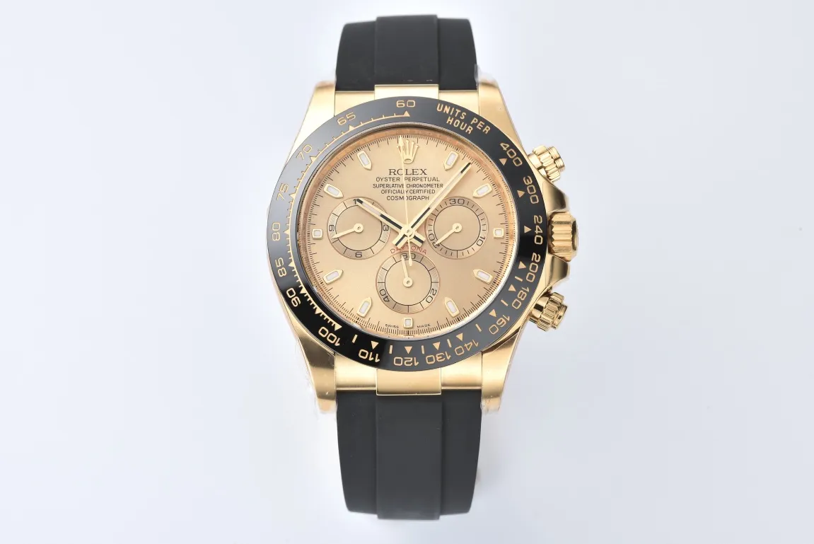 Sporty Rolex Daytona 116518 Champagne Dial – Full Gold with Black Rubber Strap 48
