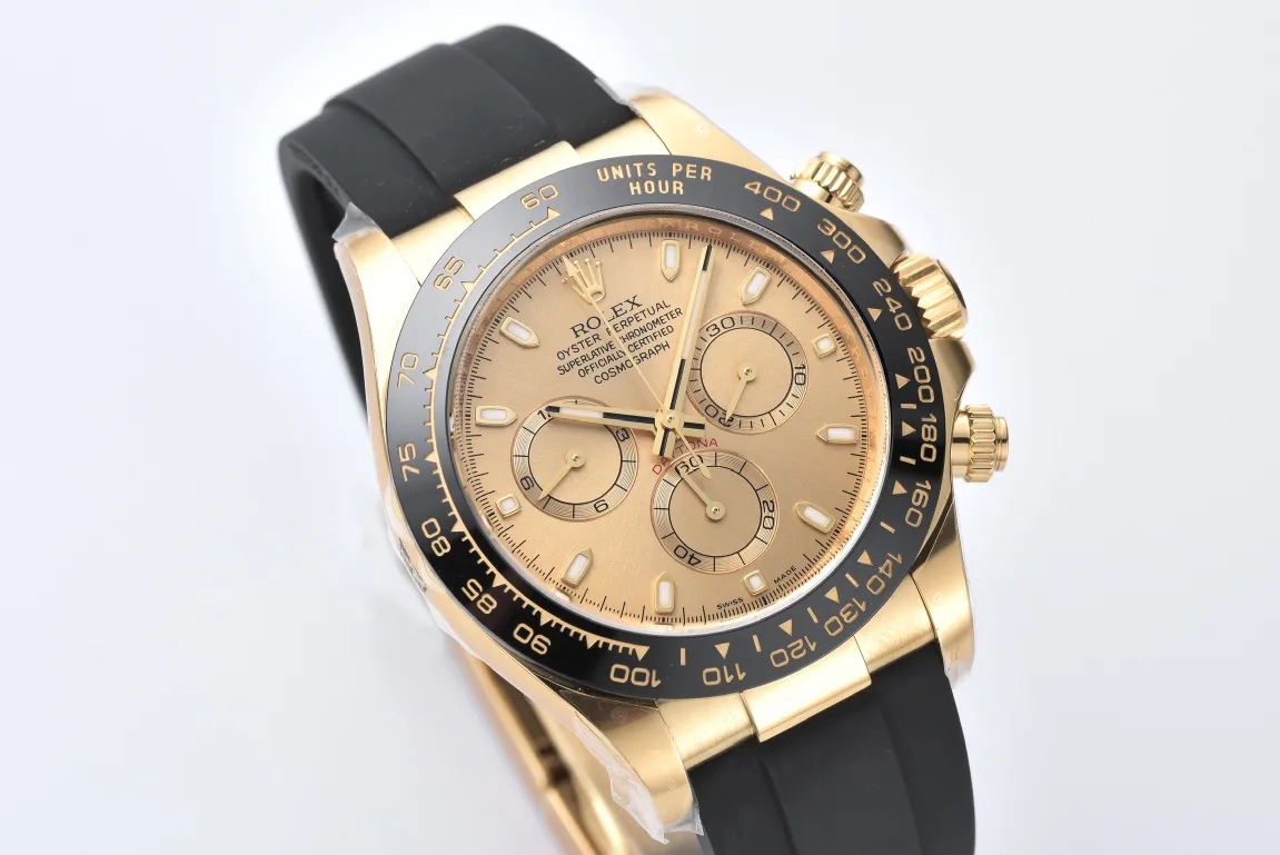 Sporty Rolex Daytona 116518 Champagne Dial – Full Gold with Black Rubber Strap 48