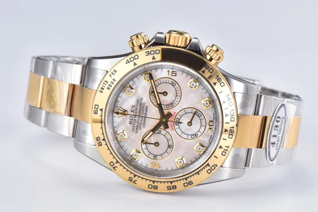 Upgraded Rolex Daytona Watch with Moissanite Diamonds – Two-Tone with Mother-of-Pearl Dial 11