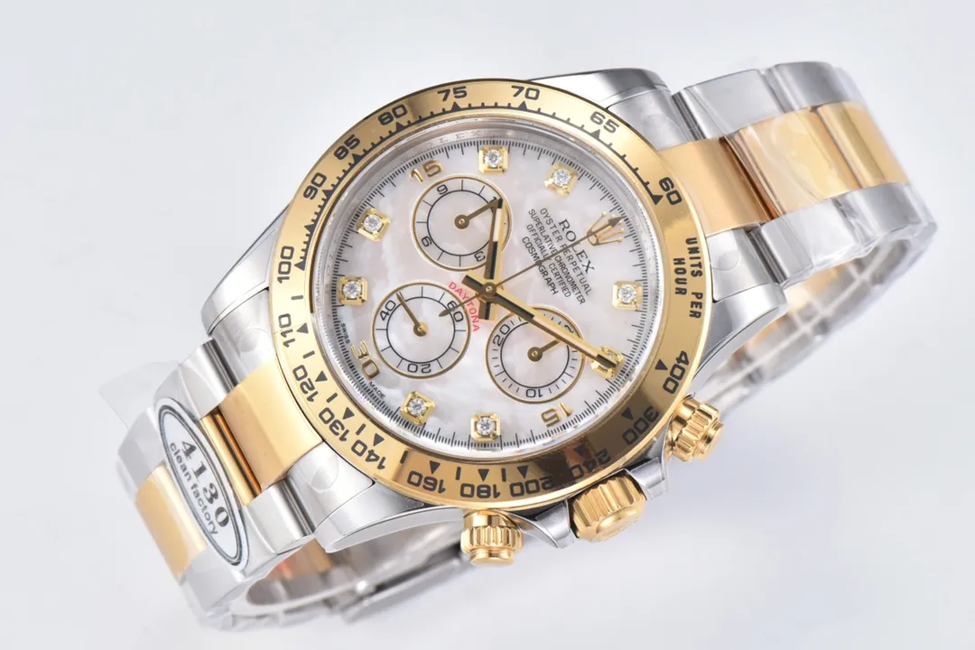 Upgraded Rolex Daytona Watch with Moissanite Diamonds – Two-Tone with Mother-of-Pearl Dial 11