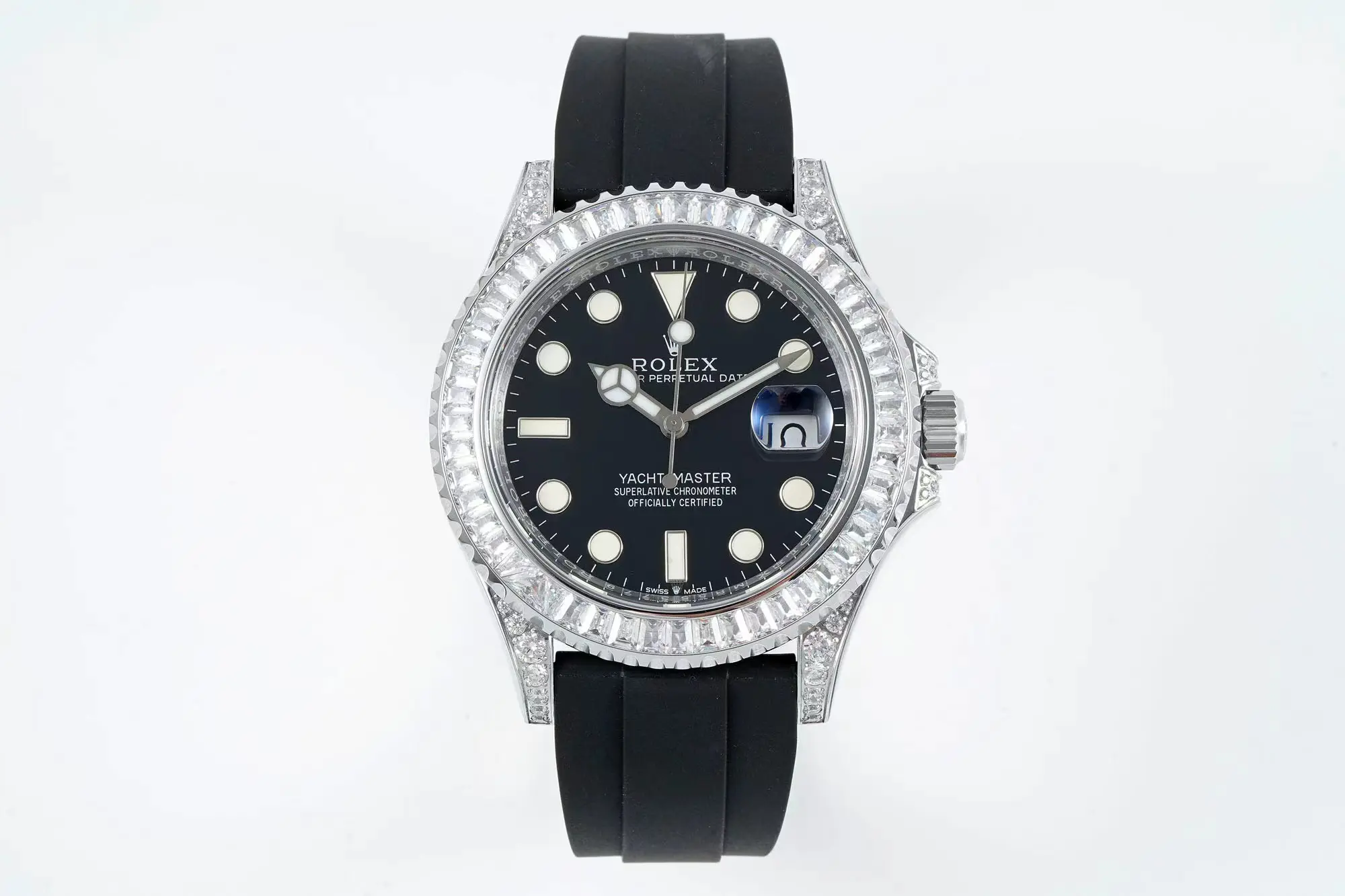 Rolex Yacht-Master 42mm Black Dial Diamond Bezel Rubber Strap Watch Collection Sleek 344