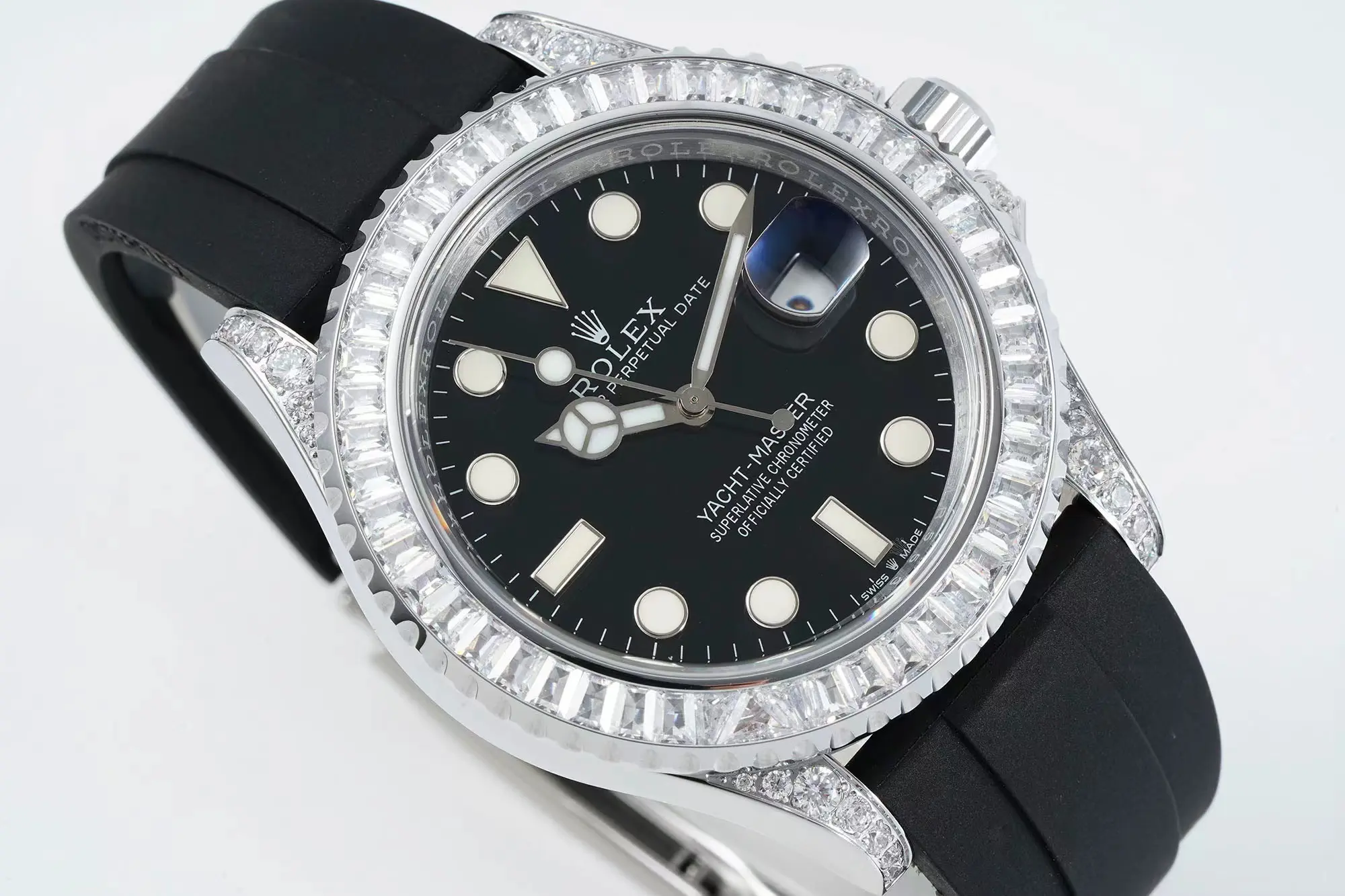 Rolex Yacht-Master 42mm Black Dial Diamond Bezel Rubber Strap Watch Collection Sleek 344