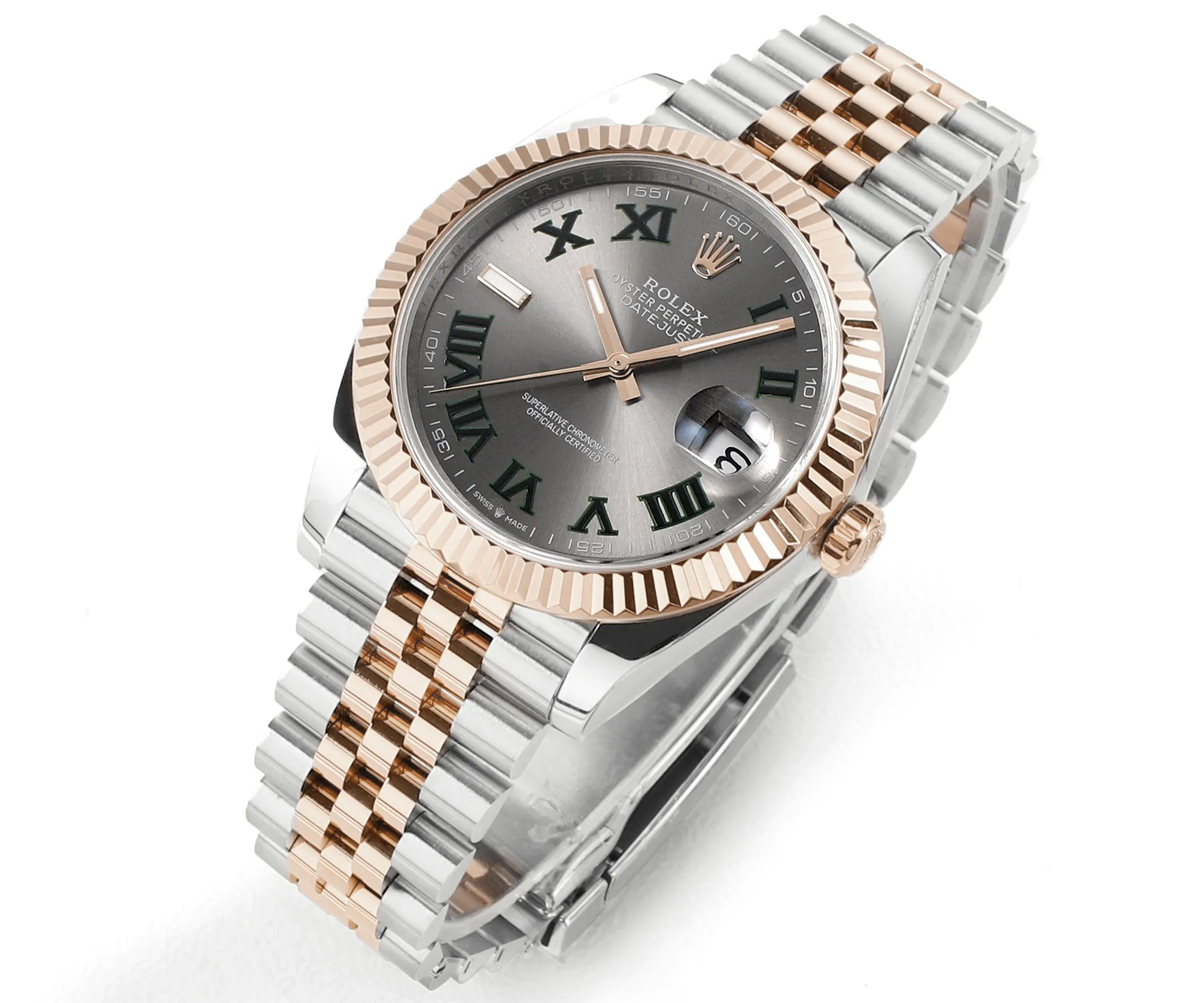 AR Factory Rolex Datejust 41mm Slate Gray Dial Roman Numerals Two-Tone Rose Gold and Stainless Steel Jubilee Bracelet Fluted Bezel Automatic Men’s Watch Sleek 144