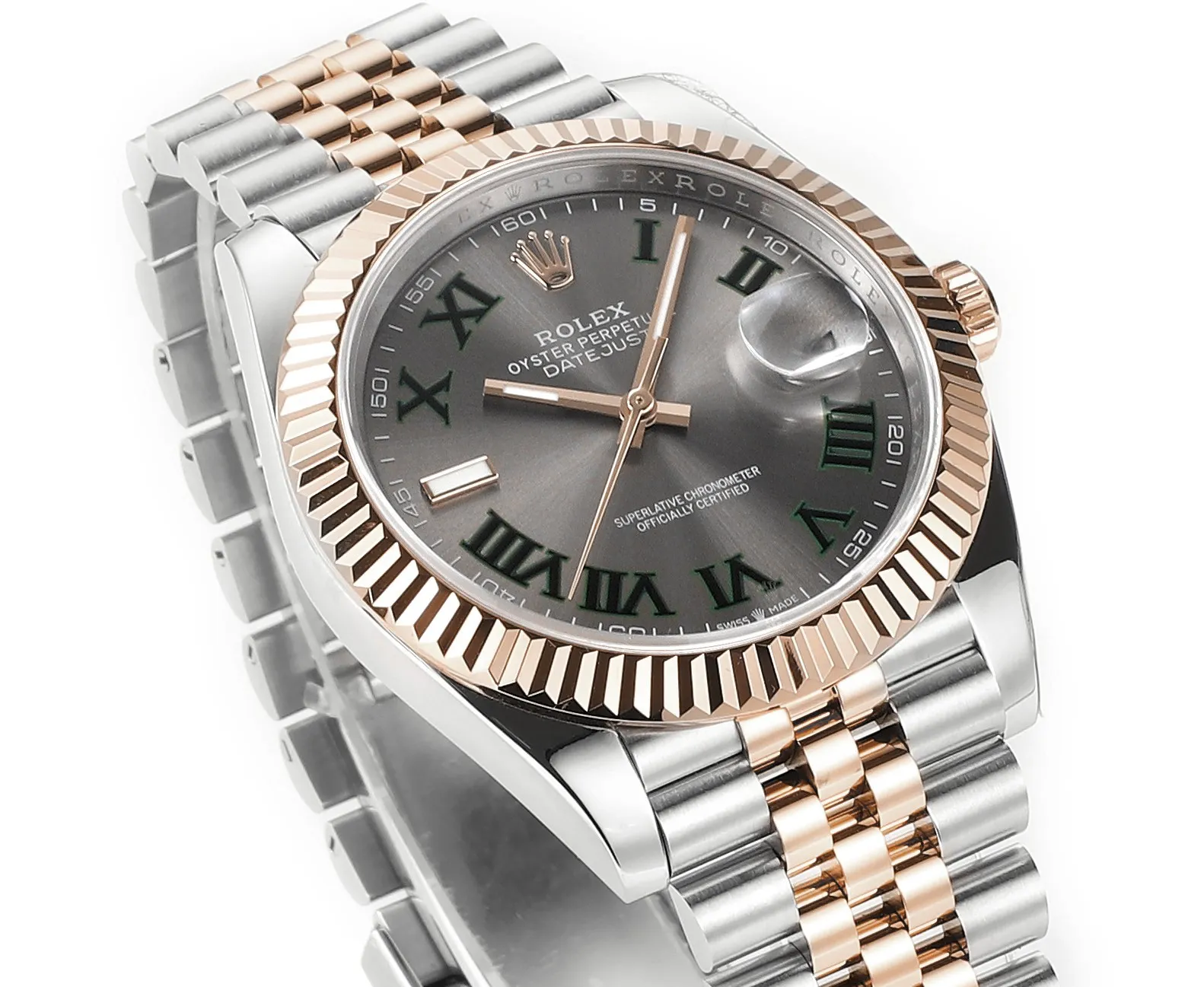 AR Factory Rolex Datejust 41mm Slate Gray Dial Roman Numerals Two-Tone Rose Gold and Stainless Steel Jubilee Bracelet Fluted Bezel Automatic Men’s Watch Sleek 144