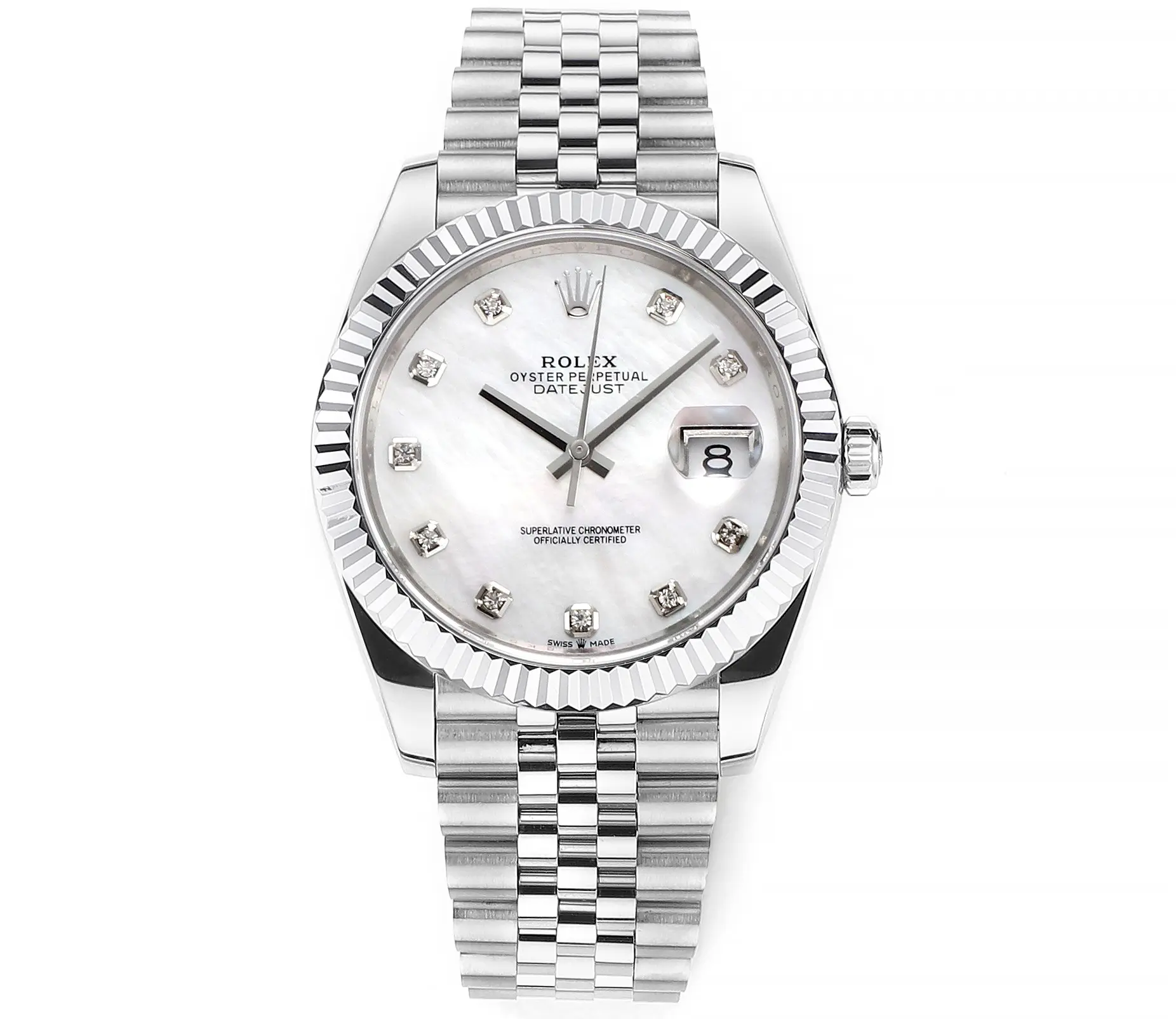 Rolex Datejust 41mm Silver Stainless Steel Watch with Diamond Dial, Fluted Bezel, and VSF Super Clone Quality Functional 120