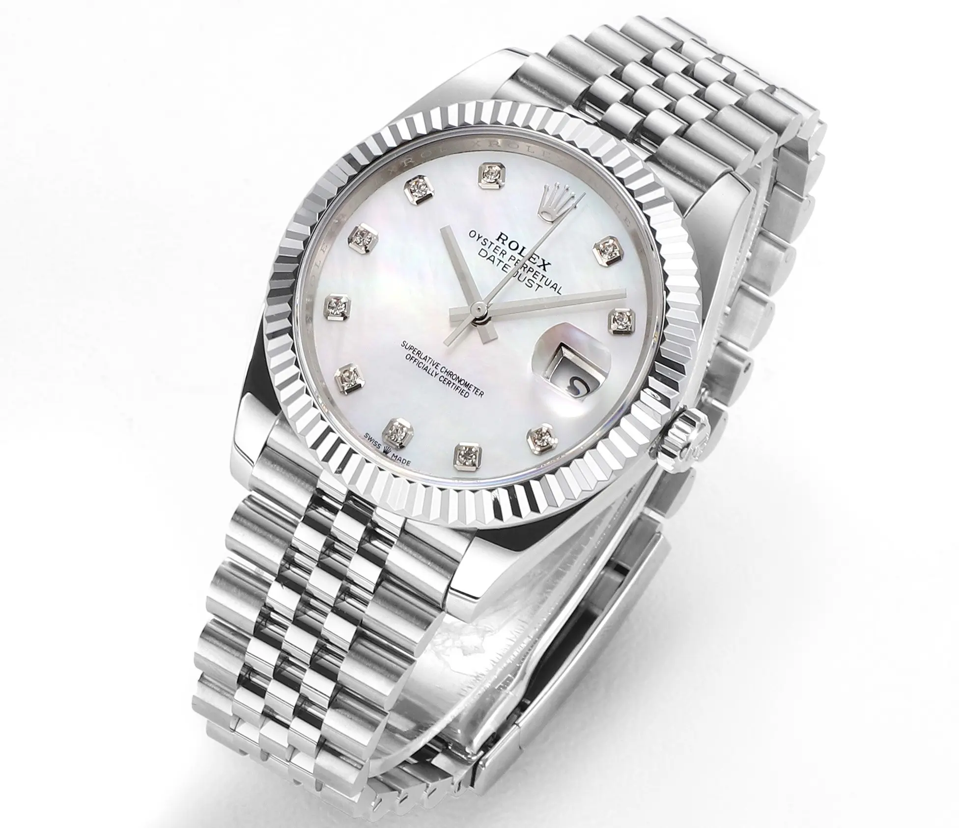 Rolex Datejust 41mm Silver Stainless Steel Watch with Diamond Dial, Fluted Bezel, and VSF Super Clone Quality Functional 120