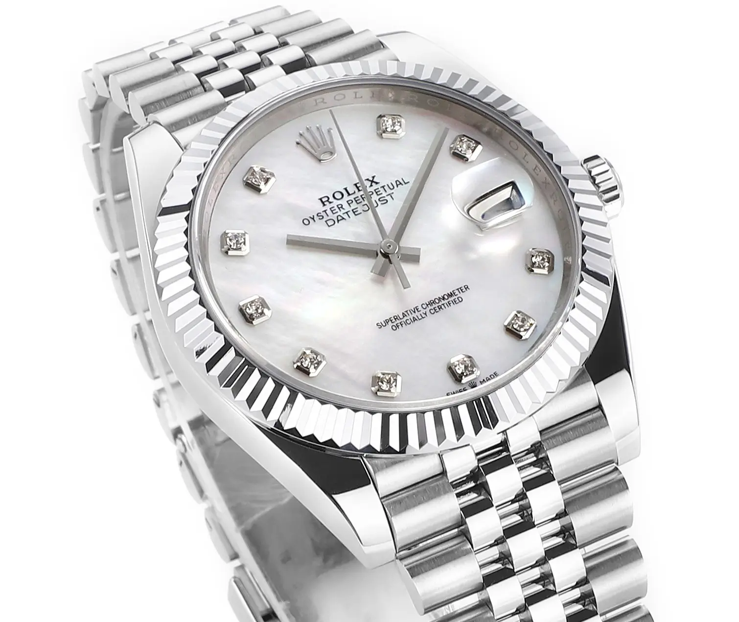 Rolex Datejust 41mm Silver Stainless Steel Watch with Diamond Dial, Fluted Bezel, and VSF Super Clone Quality Functional 120