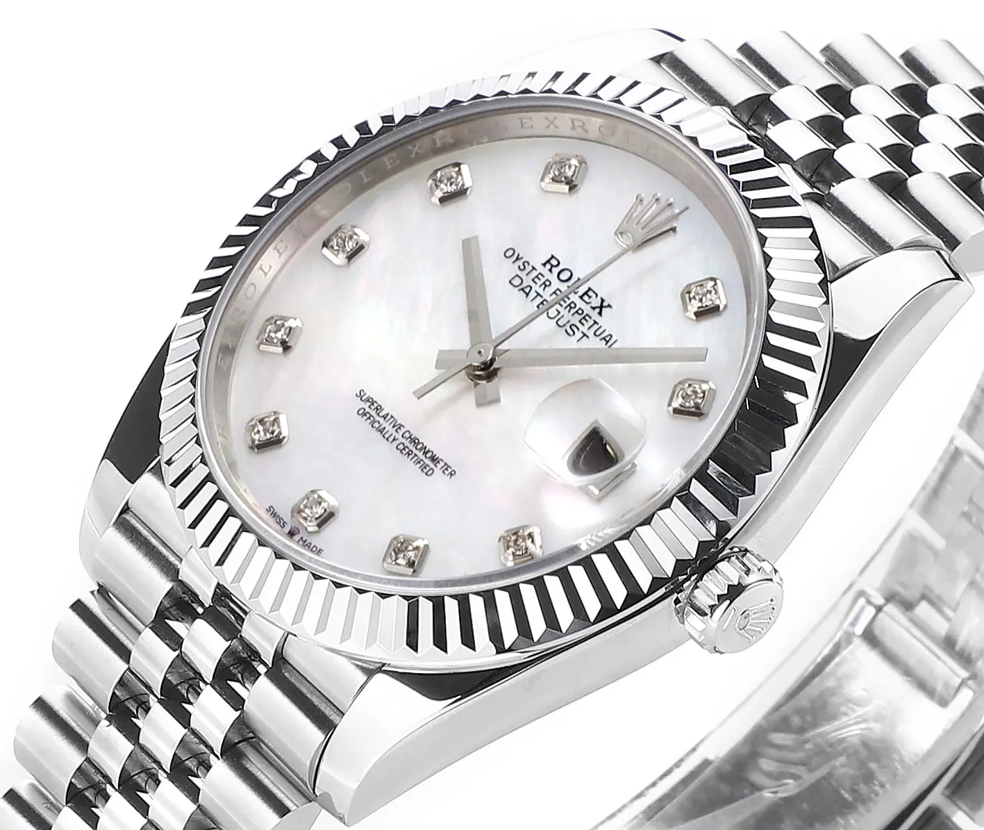 Rolex Datejust 41mm Silver Stainless Steel Watch with Diamond Dial, Fluted Bezel, and VSF Super Clone Quality Functional 120