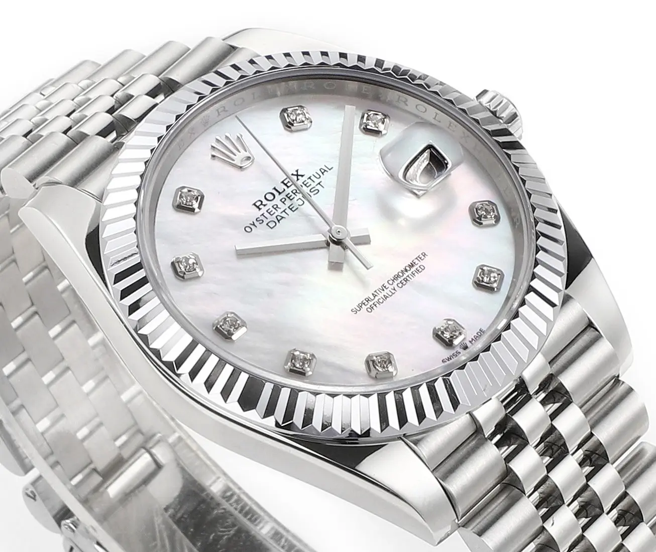 Rolex Datejust 41mm Silver Stainless Steel Watch with Diamond Dial, Fluted Bezel, and VSF Super Clone Quality Functional 120