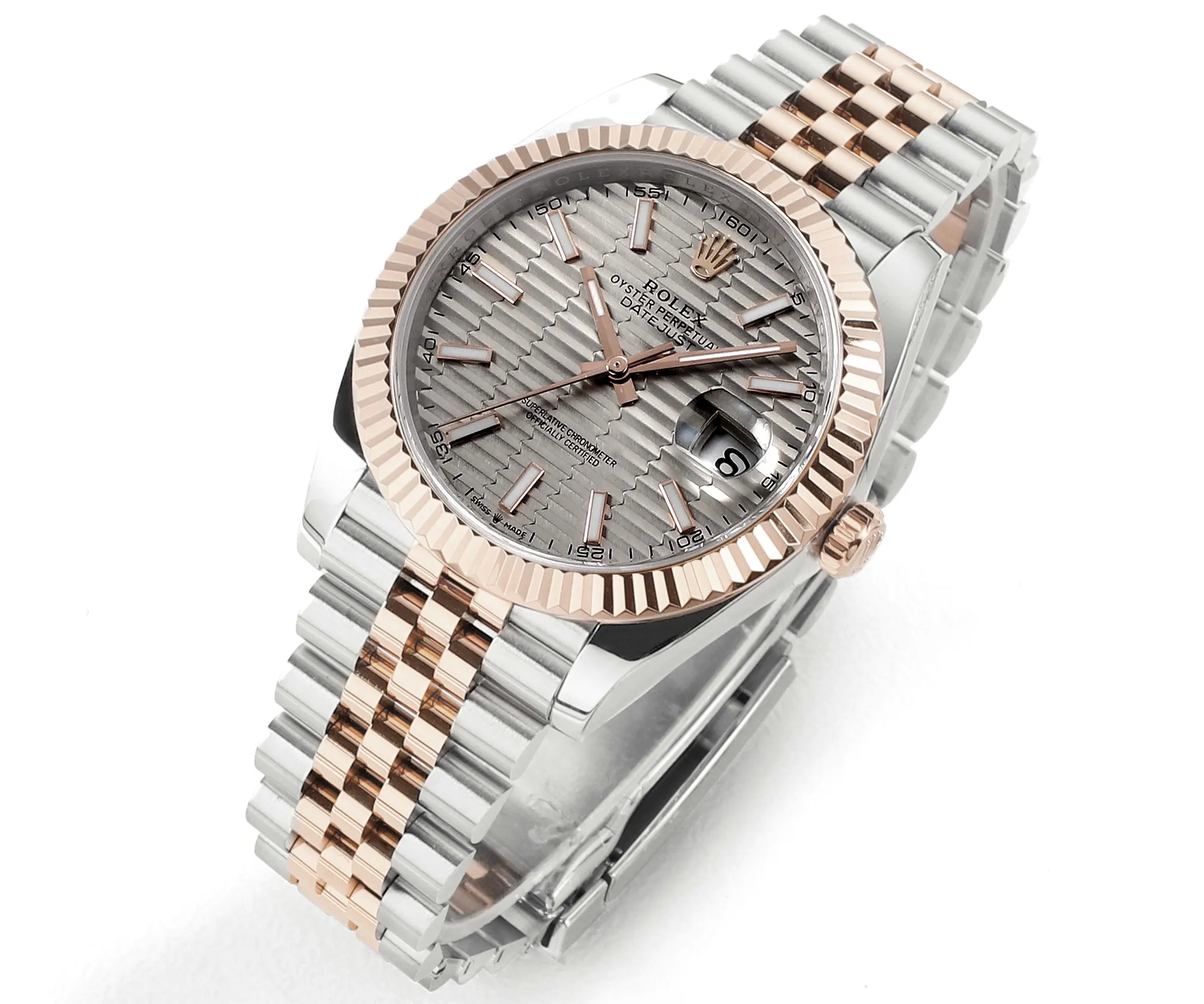 QuickDry AR Factory Rolex Datejust 41mm Two-Tone Rose Gold and Stainless Steel Automatic Watch with Grey Guilloche Dial, Fluted Bezel, and Jubilee Bracelet 5002