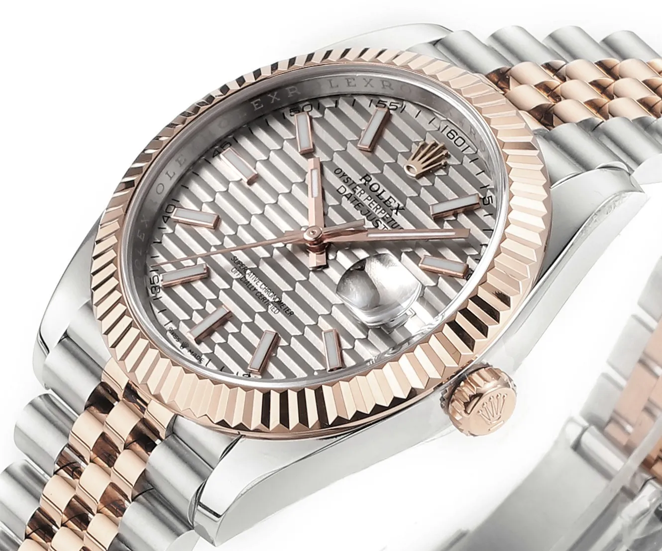 QuickDry AR Factory Rolex Datejust 41mm Two-Tone Rose Gold and Stainless Steel Automatic Watch with Grey Guilloche Dial, Fluted Bezel, and Jubilee Bracelet 5002