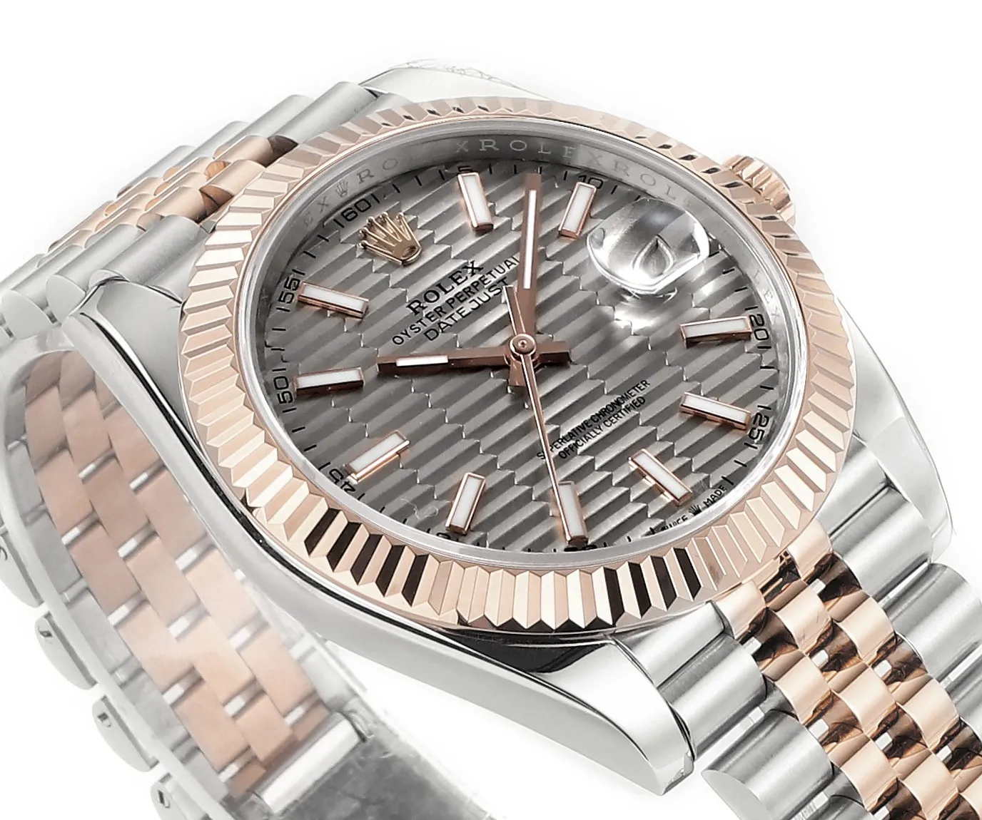 QuickDry AR Factory Rolex Datejust 41mm Two-Tone Rose Gold and Stainless Steel Automatic Watch with Grey Guilloche Dial, Fluted Bezel, and Jubilee Bracelet 5002