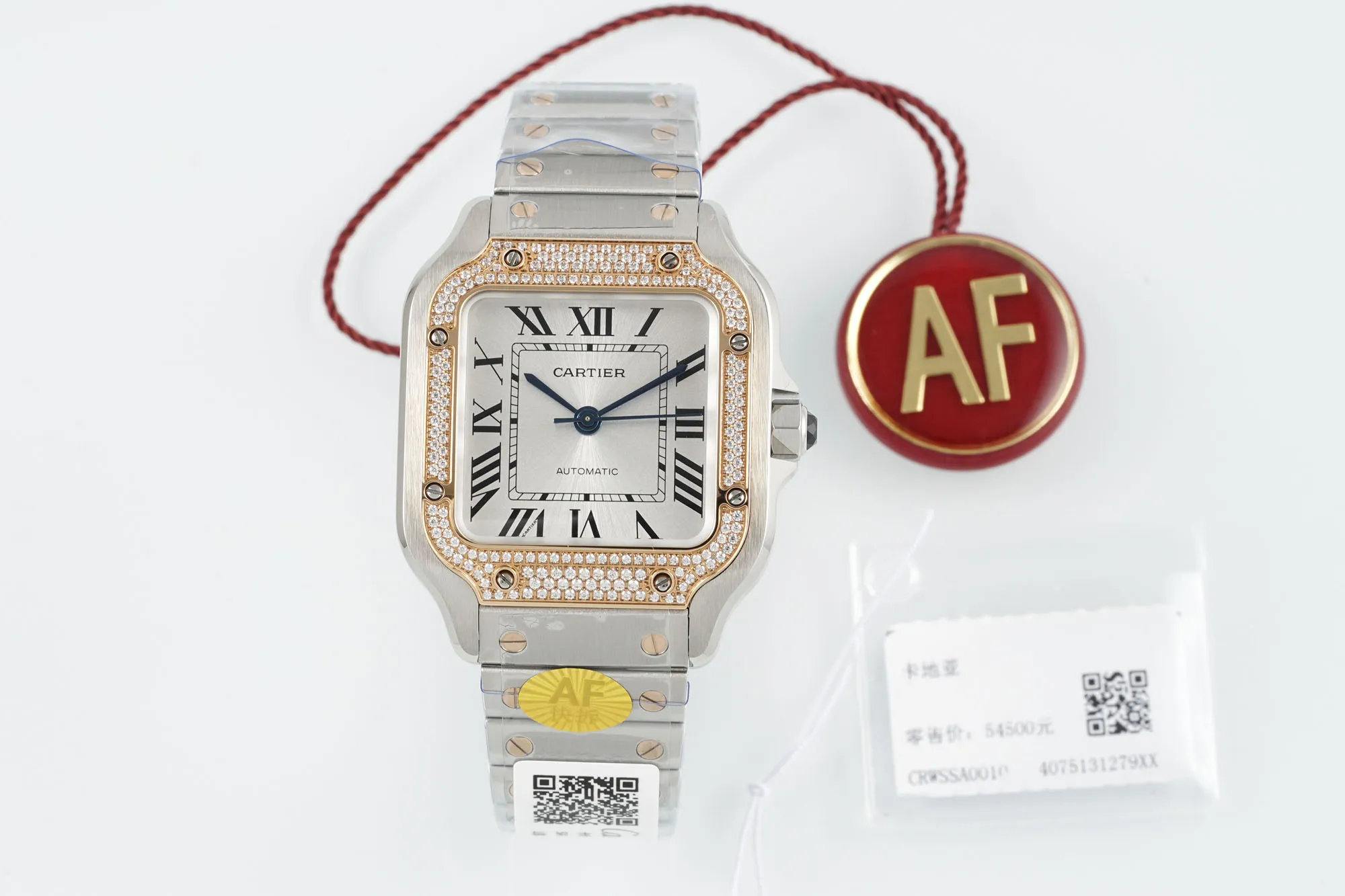 Bold AF Factory Cartier Santos de Cartier Automatic Two-Tone Steel and Yellow Gold Watch with Diamond-Set Bezel, White Dial and Roman Numerals 5421
