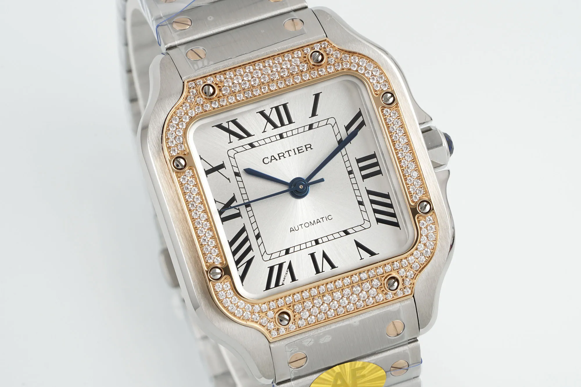 Bold AF Factory Cartier Santos de Cartier Automatic Two-Tone Steel and Yellow Gold Watch with Diamond-Set Bezel, White Dial and Roman Numerals 5421