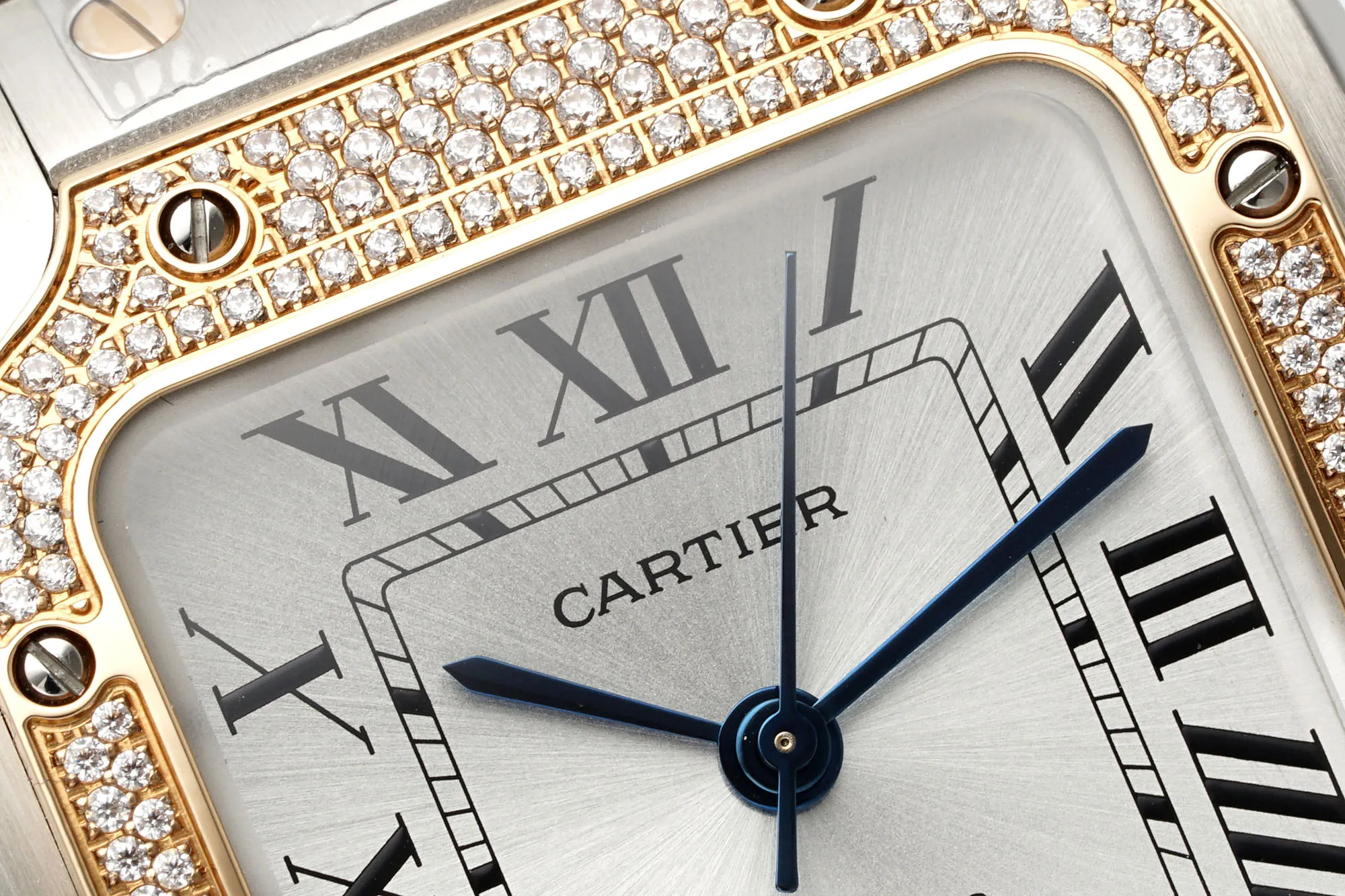Bold AF Factory Cartier Santos de Cartier Automatic Two-Tone Steel and Yellow Gold Watch with Diamond-Set Bezel, White Dial and Roman Numerals 5421