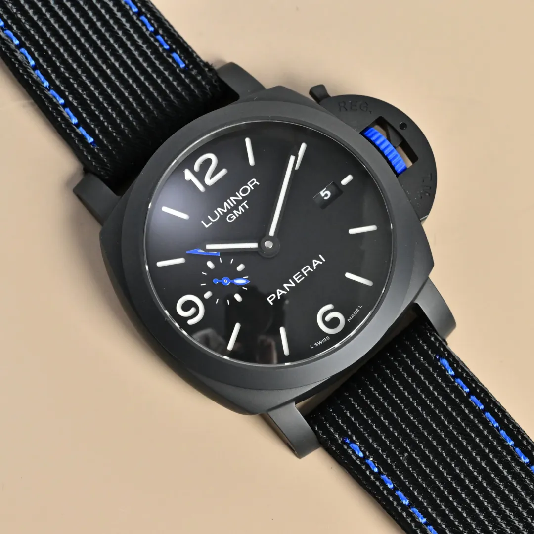 Panerai Luminor GMT Automatic Black Ceramic Dial Blue Accents Black Rubber Strap Men’s Luxury Watch TravelReady 809