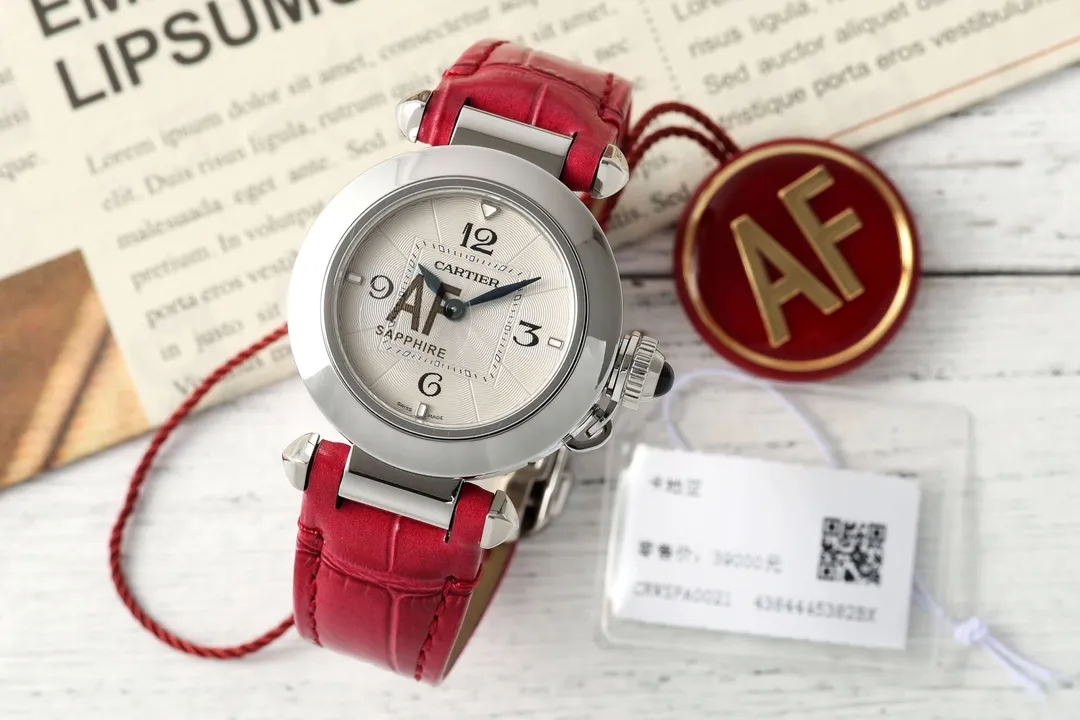 AF Factory Cartier Pasha de Cartier 35mm Women’s Watch with Silver Case, White Dial, and Red Leather Strap Breathable 2803