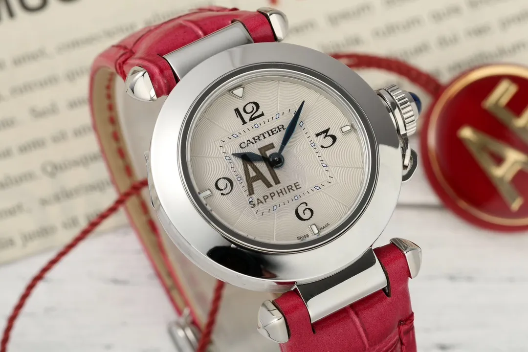 AF Factory Cartier Pasha de Cartier 35mm Women’s Watch with Silver Case, White Dial, and Red Leather Strap Breathable 2803