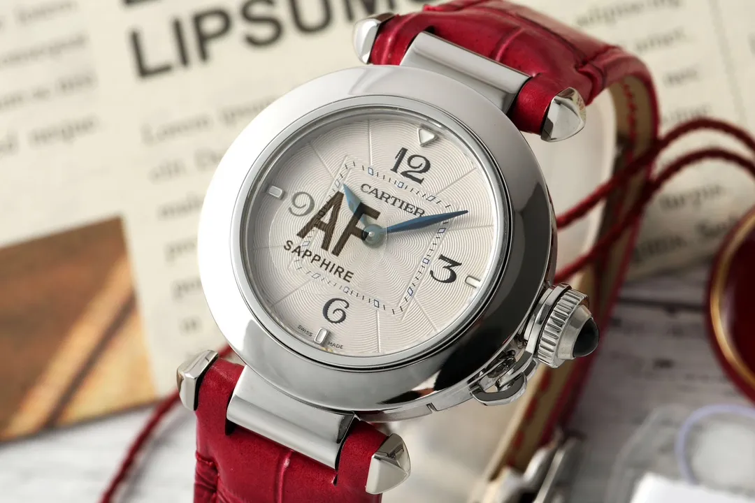 AF Factory Cartier Pasha de Cartier 35mm Women’s Watch with Silver Case, White Dial, and Red Leather Strap Breathable 2803