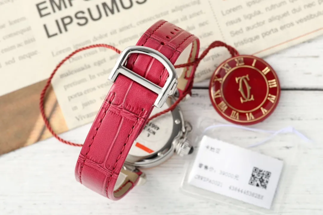 AF Factory Cartier Pasha de Cartier 35mm Women’s Watch with Silver Case, White Dial, and Red Leather Strap Breathable 2803