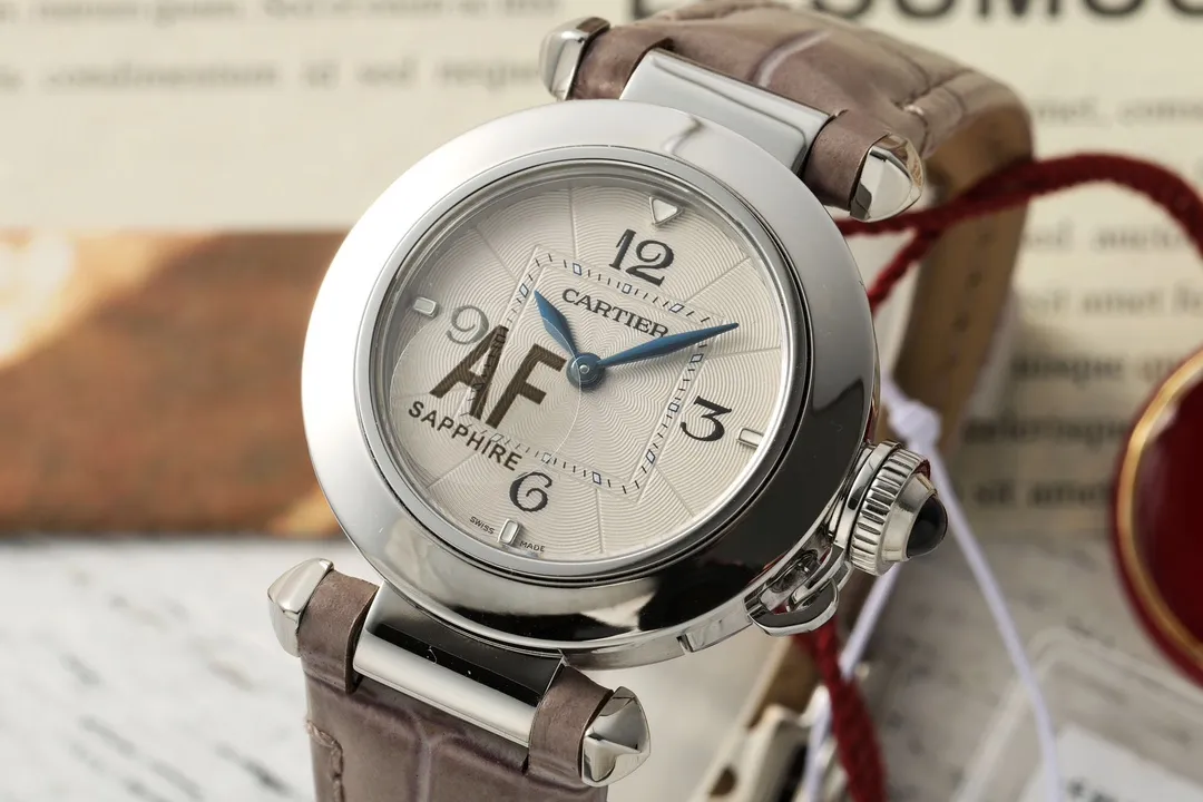 AF Factory Cartier Pasha de Cartier Silver Dial Automatic Watch with Brown Leather Strap and Blue Hands TechFriendly 2787