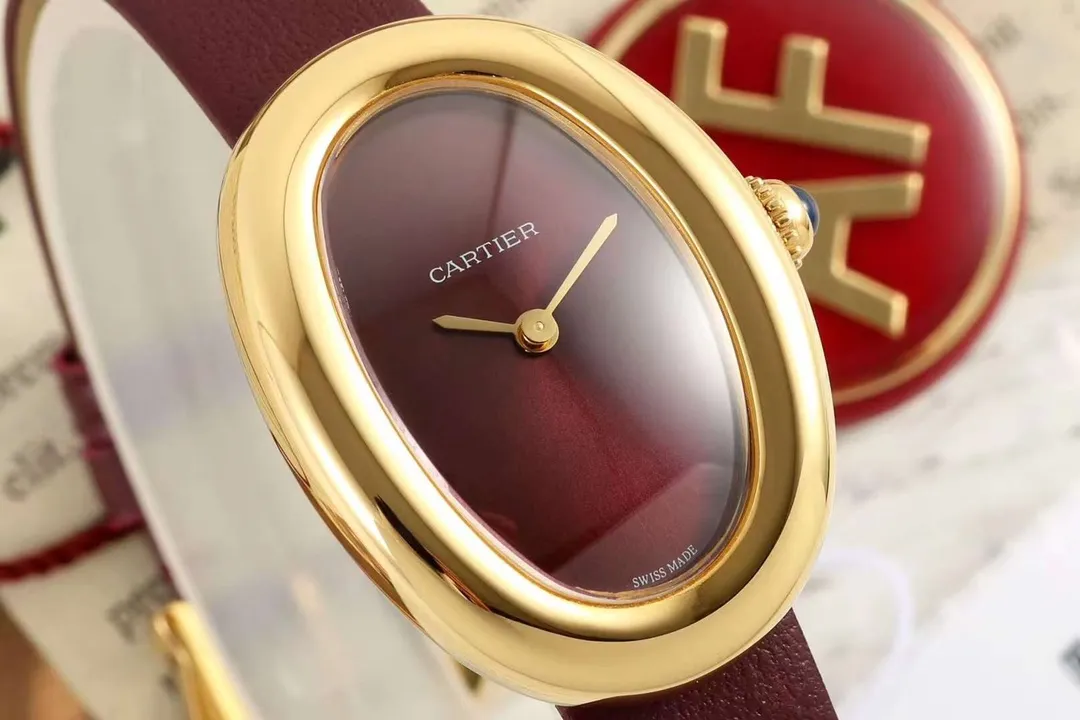 Comfortable AF Factory Cartier Baignoire Oval Gold-Tone Case Burgundy Dial Red Leather Strap Women’s Luxury Watch 5423