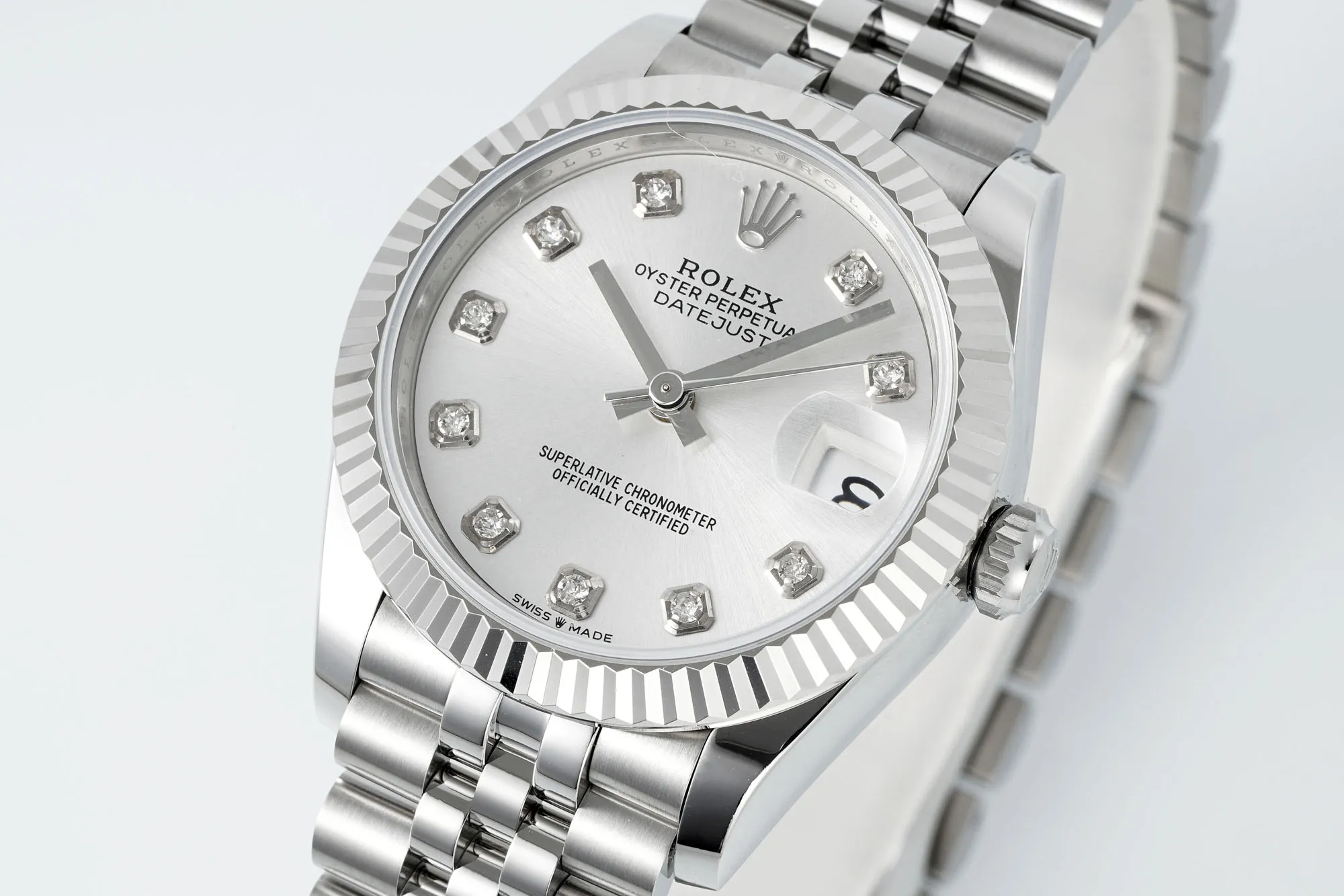 AR Factory Rolex Datejust 31mm Stainless Steel White Dial Diamond Bezel and Markers Jubilee Bracelet Ladies Watch Snug 4932