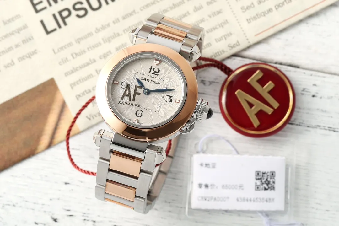 QuickDry Cartier Pasha de Cartier Two-Tone Stainless Steel and Rose Gold Automatic Watch with White Dial and Sapphire Crystal 2815