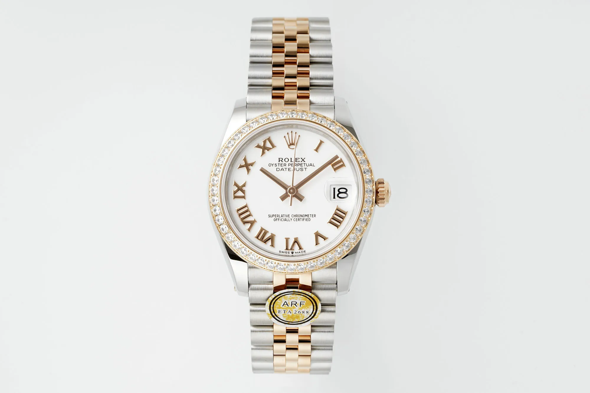 AR Factory Rolex Datejust 31mm White Roman Dial Diamond Bezel Two-Tone Steel and Rose Gold Jubilee Bracelet Ladies Watch Supportive 4982
