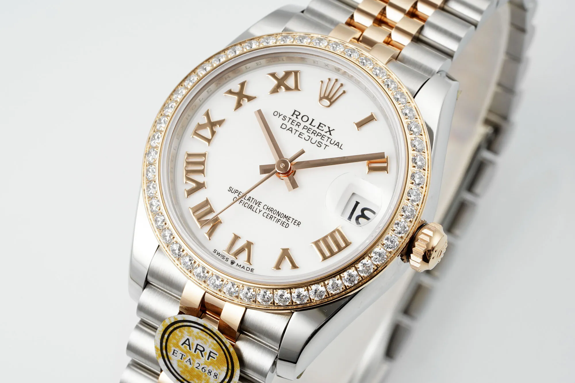 AR Factory Rolex Datejust 31mm White Roman Dial Diamond Bezel Two-Tone Steel and Rose Gold Jubilee Bracelet Ladies Watch Supportive 4982