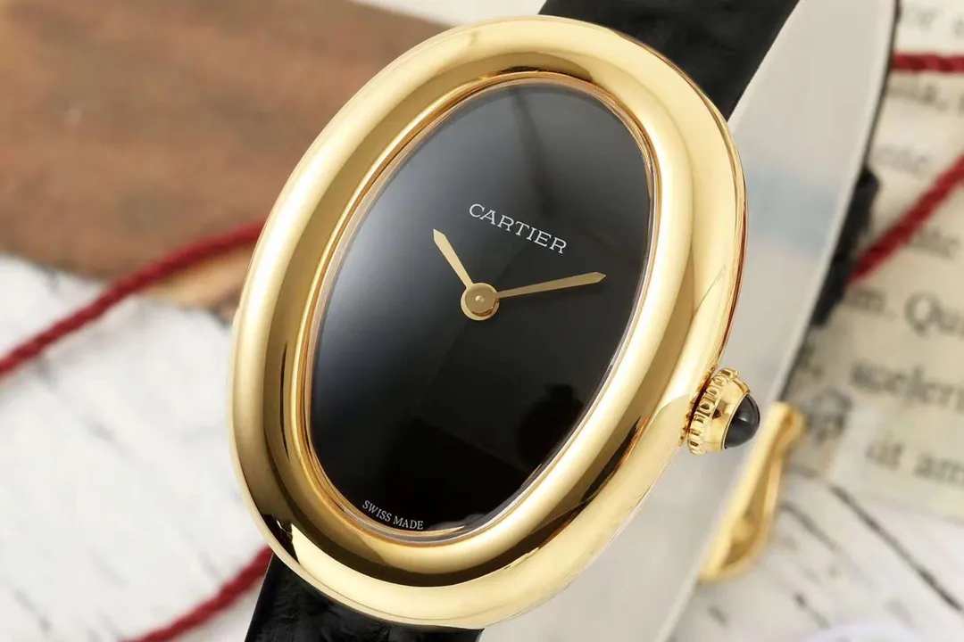 Original AF Factory Cartier Baignoire Oval Black Dial Gold-Tone Case Black Leather Strap Women’s Watch 5422