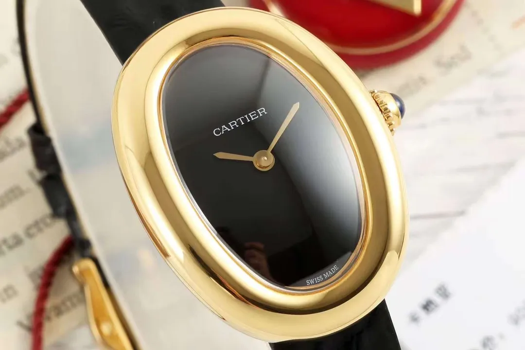 Original AF Factory Cartier Baignoire Oval Black Dial Gold-Tone Case Black Leather Strap Women’s Watch 5422