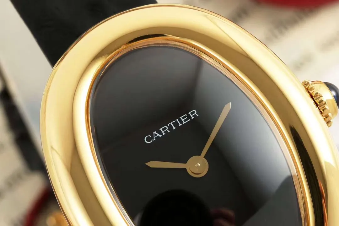 Original AF Factory Cartier Baignoire Oval Black Dial Gold-Tone Case Black Leather Strap Women’s Watch 5422