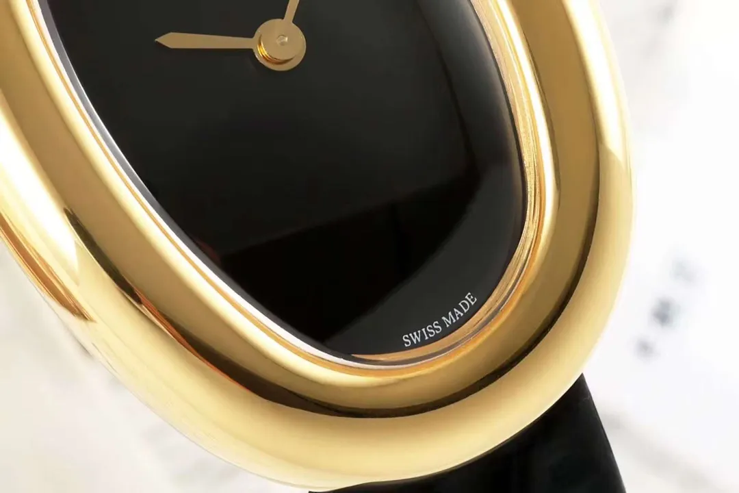 Original AF Factory Cartier Baignoire Oval Black Dial Gold-Tone Case Black Leather Strap Women’s Watch 5422