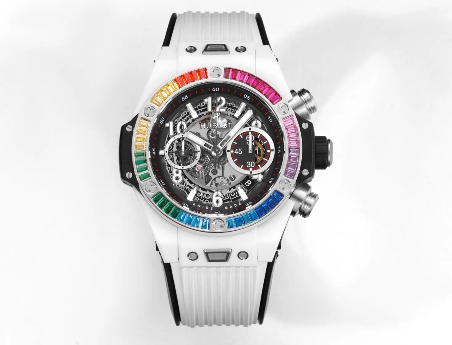 Durable TW Factory Hublot Big Bang Unico Rainbow Ceramic Watch – White with Multicolor Bezel, Automatic Chronograph, 45mm, Super Clone Edition 7634