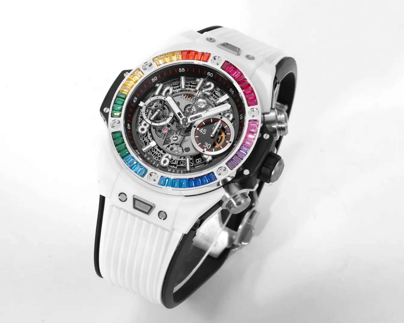 Unisex V6 Factory Hublot Big Bang Unico Rainbow Ceramic Watch – White with Multicolor Bezel, Automatic Chronograph, 45mm, Super Clone Edition 7934