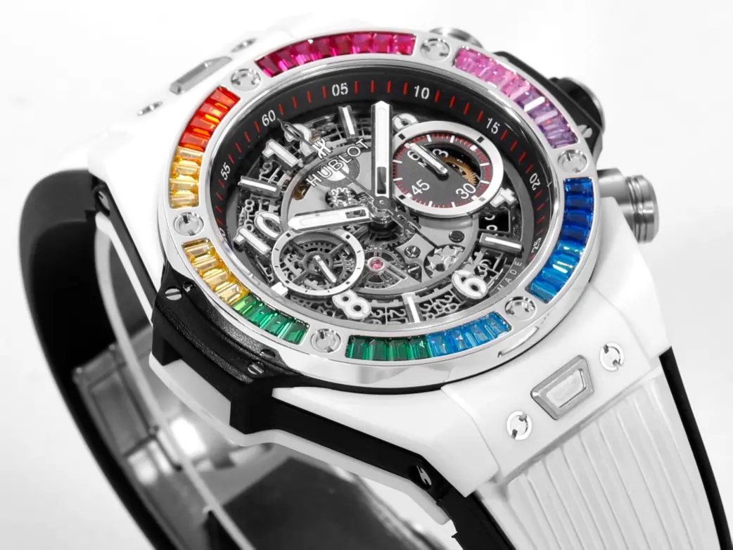 Unisex V6 Factory Hublot Big Bang Unico Rainbow Ceramic Watch – White with Multicolor Bezel, Automatic Chronograph, 45mm, Super Clone Edition 7934