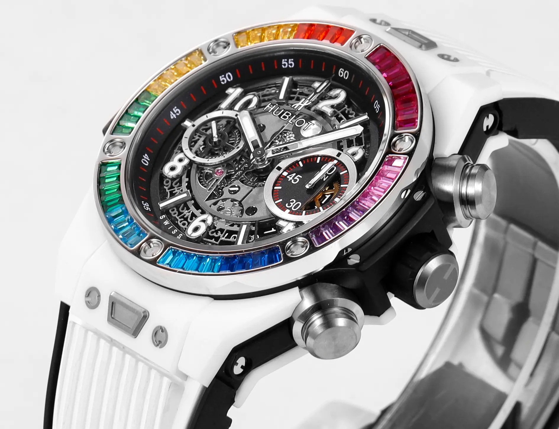 Unisex V6 Factory Hublot Big Bang Unico Rainbow Ceramic Watch – White with Multicolor Bezel, Automatic Chronograph, 45mm, Super Clone Edition 7934