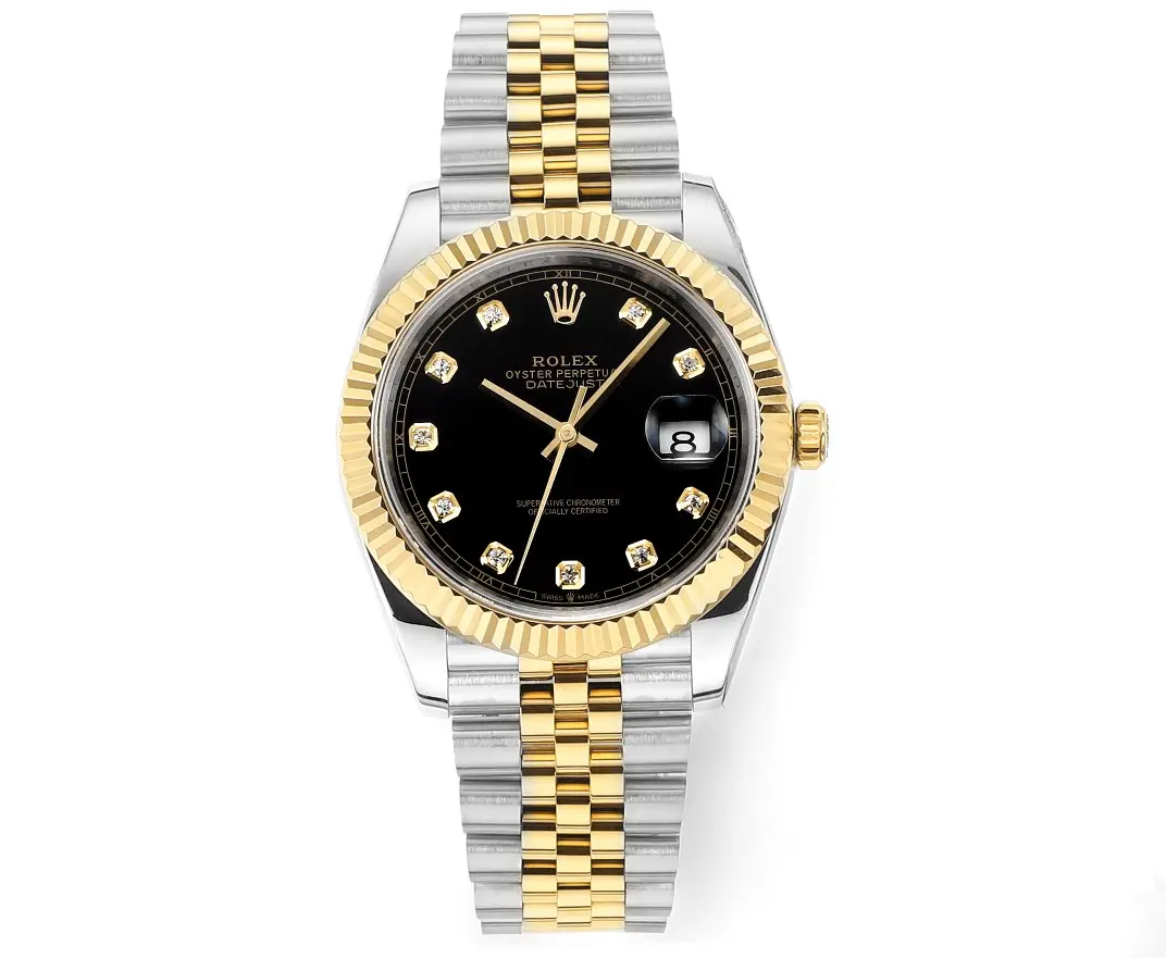 TimelessDesign Rolex Datejust 41mm Watch – Two-Tone Steel and Gold with Black Diamond Dial – Super Clone 111