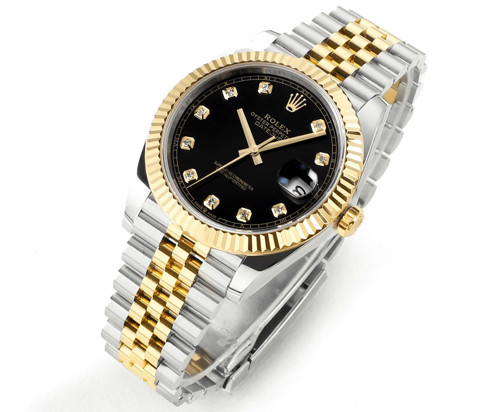 TimelessDesign Rolex Datejust 41mm Watch – Two-Tone Steel and Gold with Black Diamond Dial – Super Clone 111